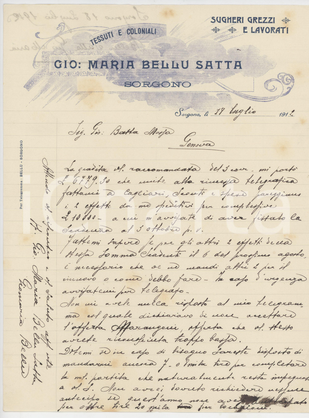 Manoscritto, lettera originale 1912 SARDEGNA SORGONO NU Lettera Giovanni Maria BELLU SATTA Sugheri grezzi 1