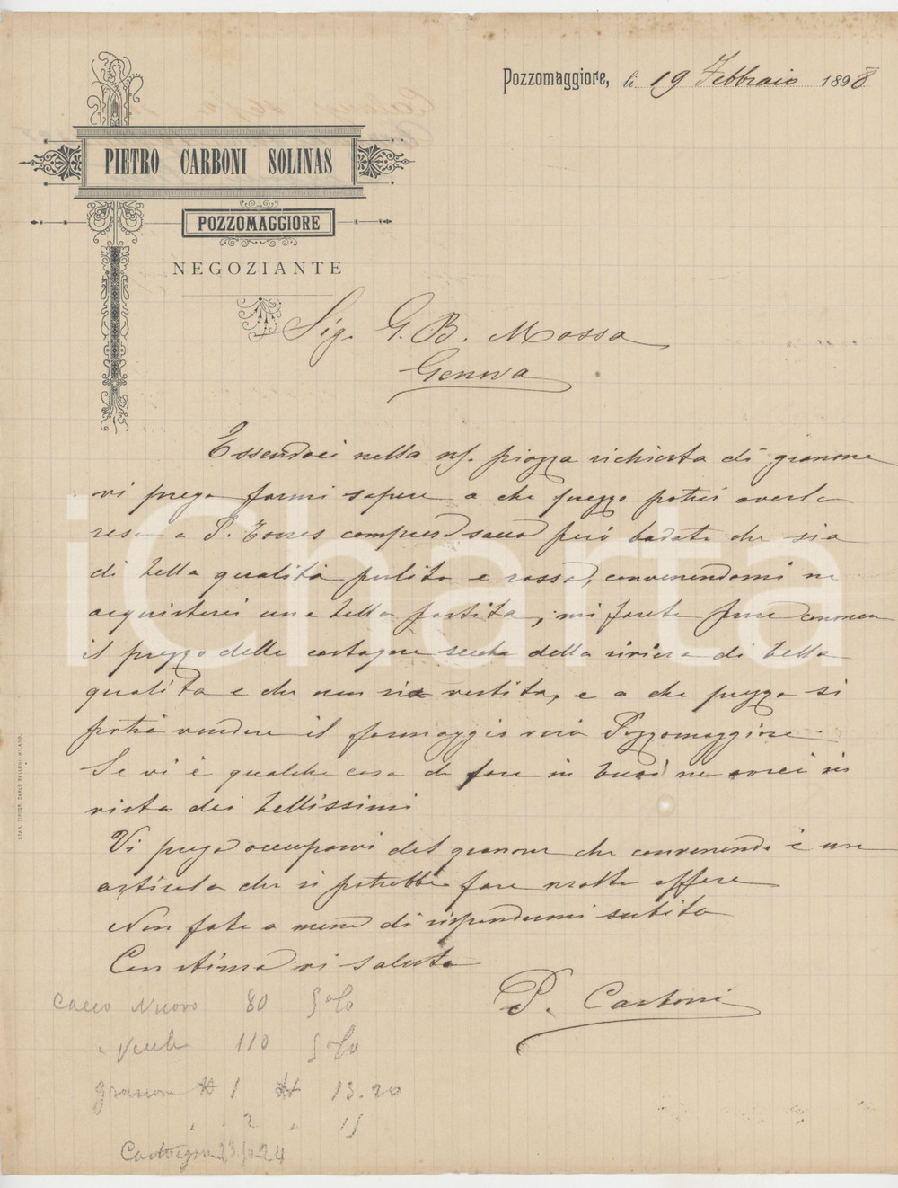 Manoscritto, lettera originale 1898 SARDEGNA POZZOMAGGIORE Pietro CARBONI SOLINAS  Vendita grano e formaggi 1