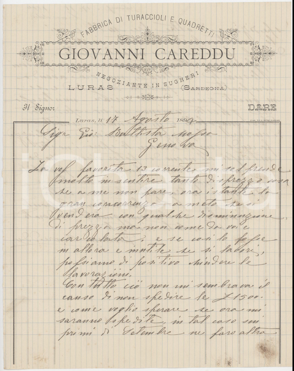 1894 SARDEGNA LURAS (SS) Lettera ditta Giovanni CAREDDU per vendita di sughero