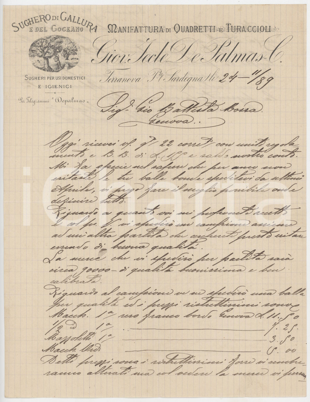 Manoscritto, lettera originale 1889 SARDEGNA OLBIA Lettera Giovanni Tecle DE PALMAS Sughero di Gallura 1