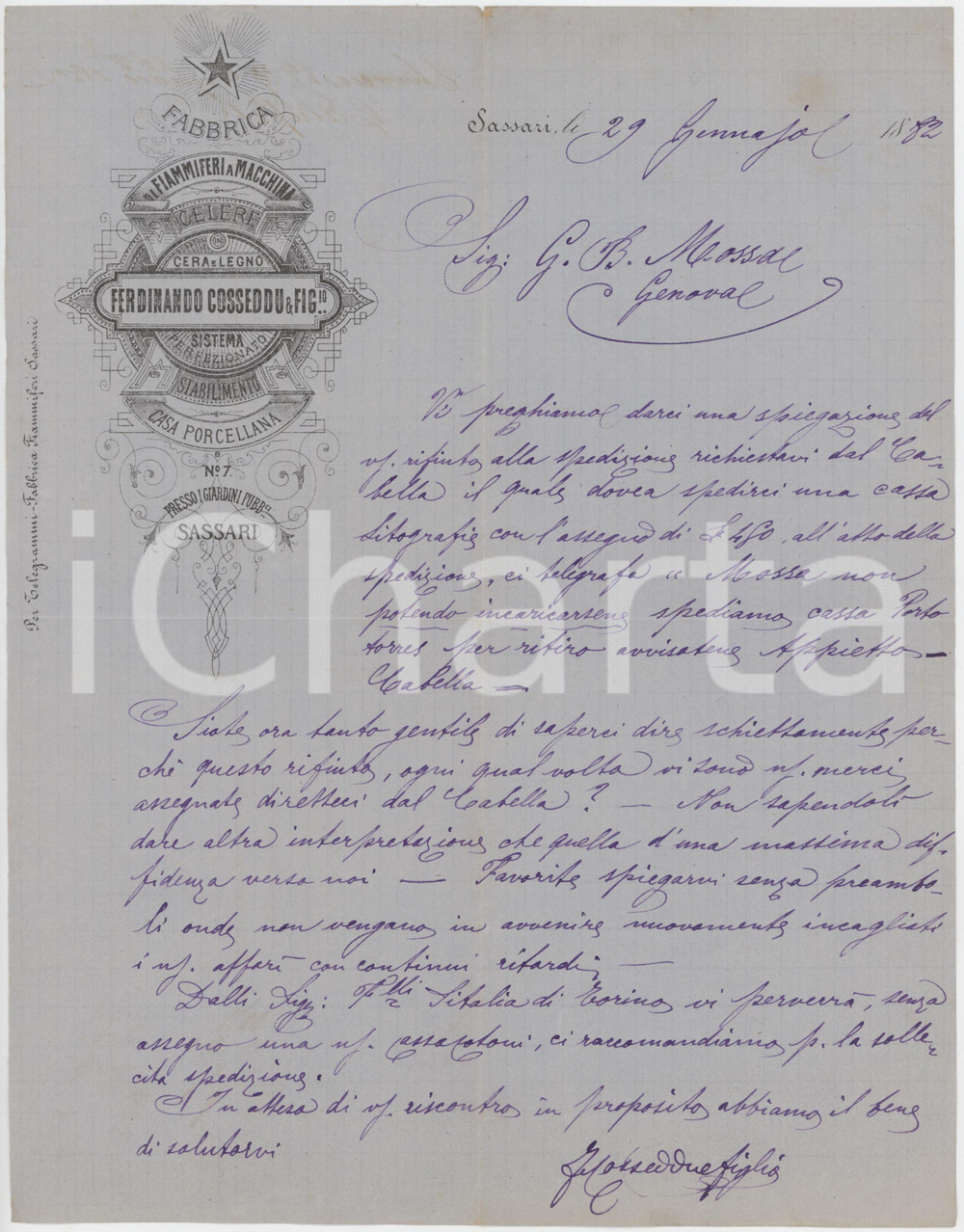 1882 SARDEGNA SASSARI Ditta Ferdinando COSSEDDU Fabbrica fiammiferi - Lettera