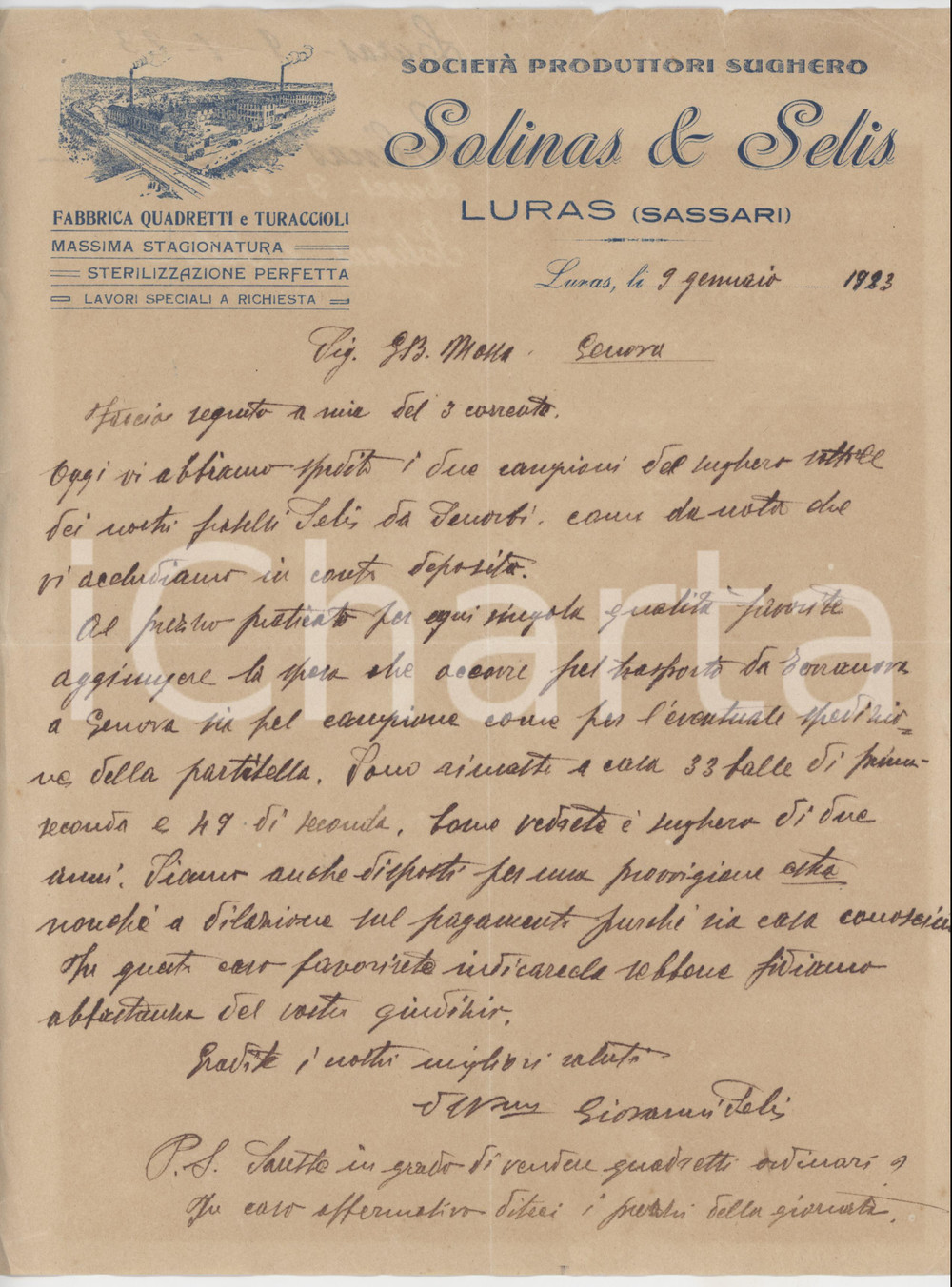 1923 SARDEGNA LURAS (SS) Lettera ditta SOLINAS & SELIS per invio di sughero