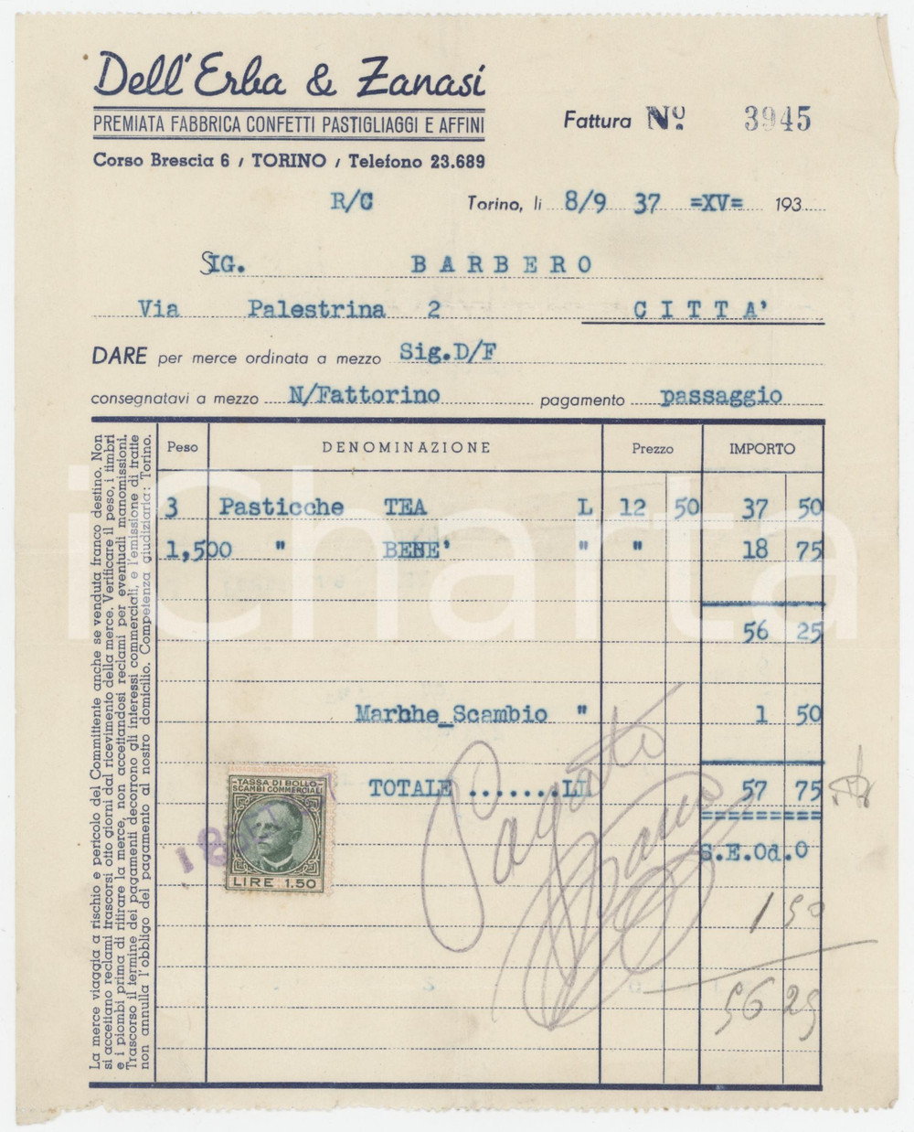 1937 TORINO Corso Brescia 6 - DELL'ERBA & ZANASI Fabbrica confetti - Fattura Fattura d'epoca, con marca da bollo. FAIR/discreto Piegature d'epoca Formato: 16x20 cm originale e autentica 1