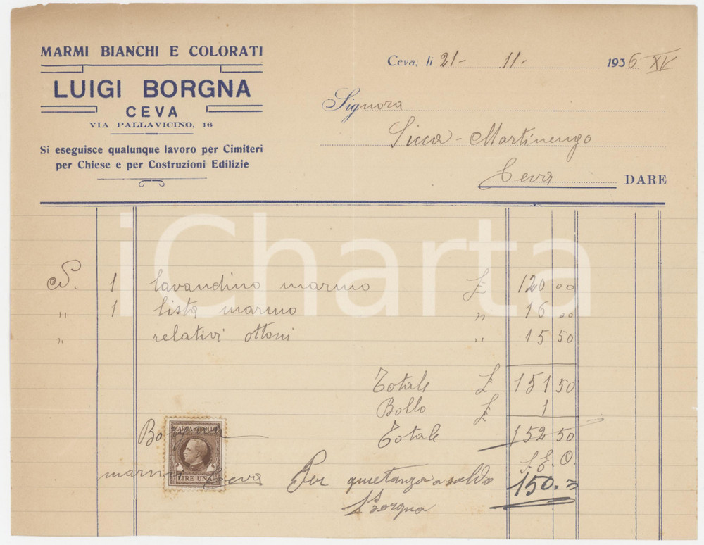 Documento originale, autentico 1936 CEVA Via Pallavicino 16  Luigi BORGNA Marmi bianchi e colorati  Fattura 1