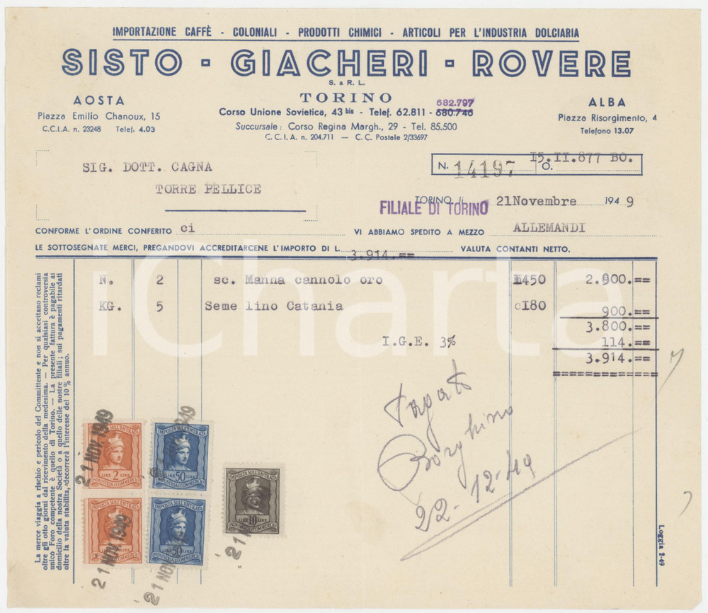 1949 TORINO Importazione caffÃ¨ SISTO - GIACHERI - ROVERE Fattura 22x19 cm Fattura commerciale d'epoca, su carta intestata, dattiloscritta. Con marche da bollo. POOR/danneggiato Piegature d'epoca Formato: 22x19 cm originale e autentica 1