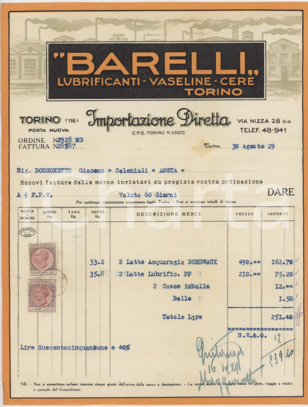 Documento originale, autentico 1929 TORINO Porta Nuova  Lubrificanti BARELLI Fattura per acquaragia BORDEAUX 1