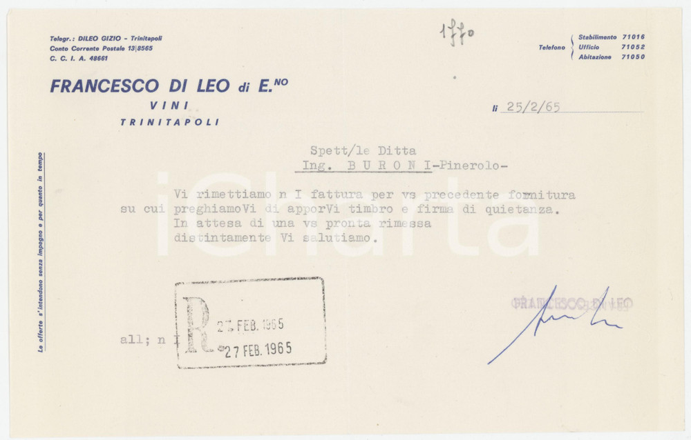 1965 TRINITAPOLI Vini Francesco DI LEO Lettera commerciale 23x14 cm Lettera commerciale d'epoca, su carta intestata, dattiloscritta. FAIR/discreto Piegature d'epoca Formato: 23x14 cm originale e autentica 1
