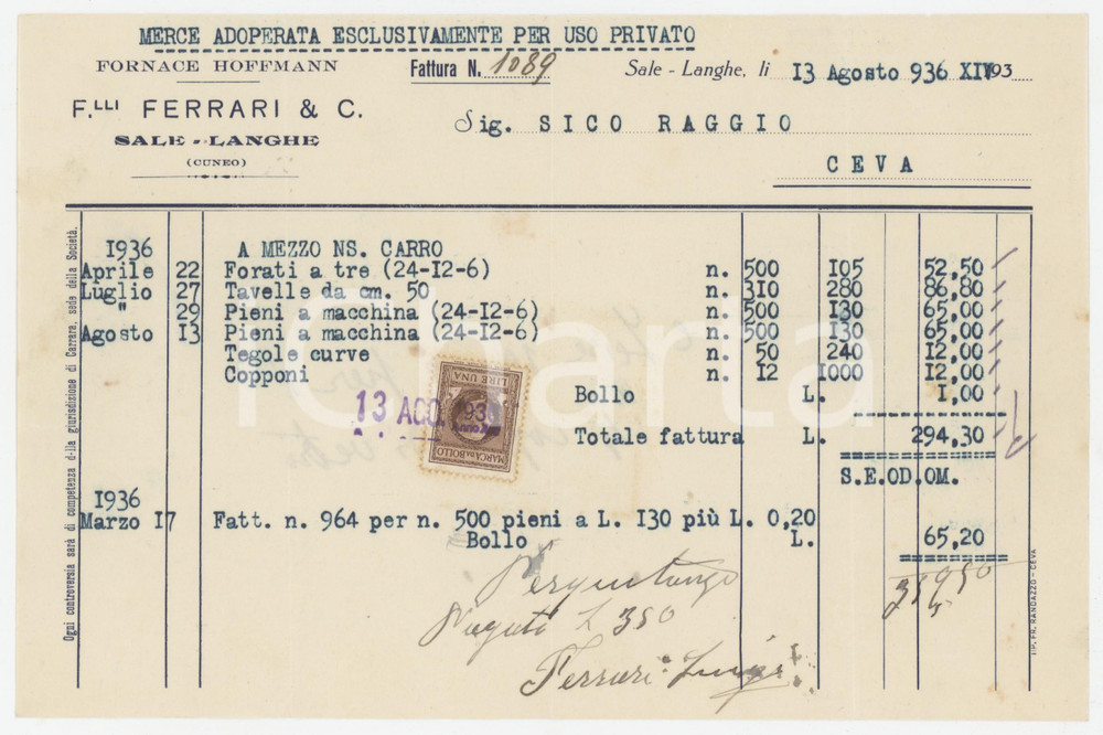 1936 SALE DELLE LANGHE Fratelli FERRARI & C. Fornace HOFFMANN Fattura 22x14 Fattura commerciale d'epoca, su carta intestata, dattiloscritta. Con marca da bollo. FAIR/discreto Piegature d'epoca Formato: 22x14 cm originale e autentica 1
