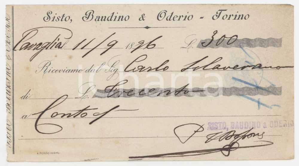 1896 TORINO Sisto, Baudino & Oderio - Ricevuta di pagamento 17x10 cm Ricevuta di pagament d'epoca, su carta intestata, manoscritta.  FAIR/discreto Piegature d'epoca, bruniture Formato: 17x10 cm originale e autentica 1