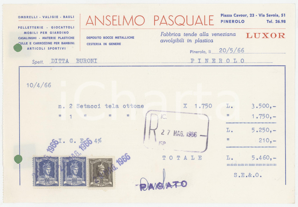 1966 PINEROLO (TO) - Pasquale ANSELMO Tende alla veneziana LUXOR - Fattura Fattura commerciale d'epoca dattiloscritta, su carta intestata.Presenti marche da bollo.PAGINE: 1 FAIR/discreto piegature d'epoca; fori da classificatore Formato: 21x14 cm originale e autentica 1