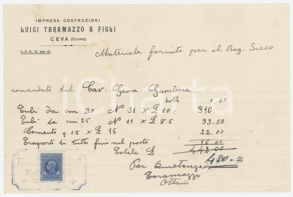 1935 ca CEVA Luigi TARRAMAZZO E FIGLI Impresa di costruzioni - Fattura 21x14 cm Fattura commerciale d'epoca, su carta intestata, manoscritta. Con marca da bollo. FAIR/discreto Piegature d'epoca Formato: 21x14 cm originale e autentica 1