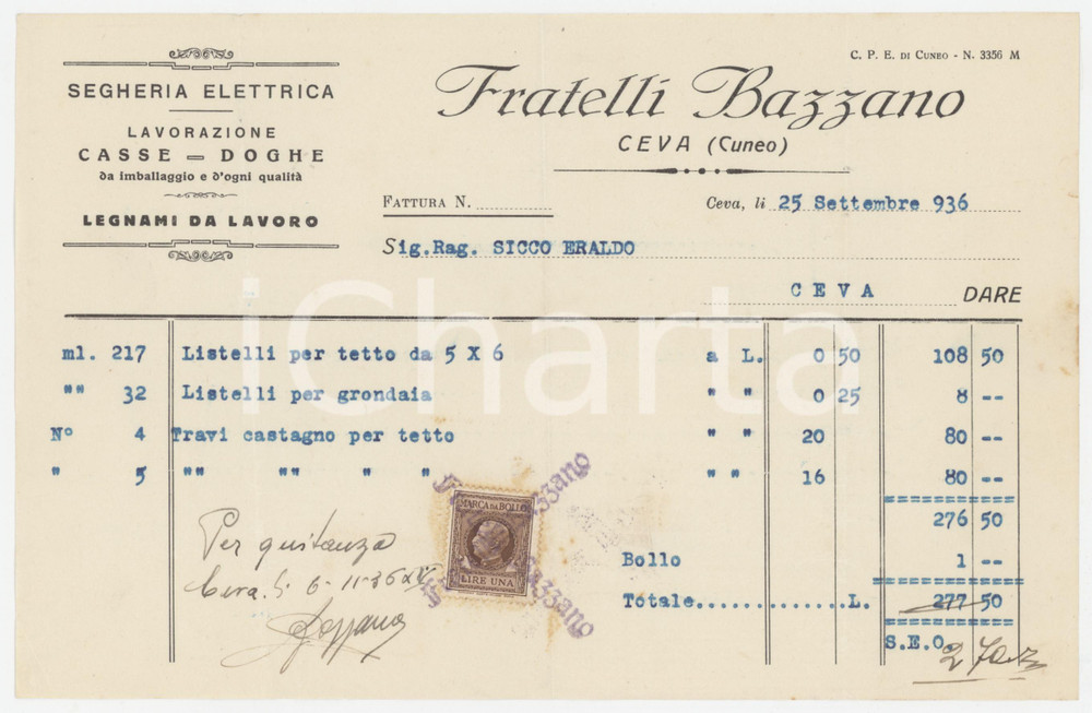 1936 CEVA Fratelli BAZZANO Segheria elettrica - Fattura per travi in castagno Fattura commerciale d'epoca, su carta intestata, dattiloscritta. Con marca da bollo. FAIR/discreto Piegature d'epoca Formato: 22x14 cm originale e autentica 1