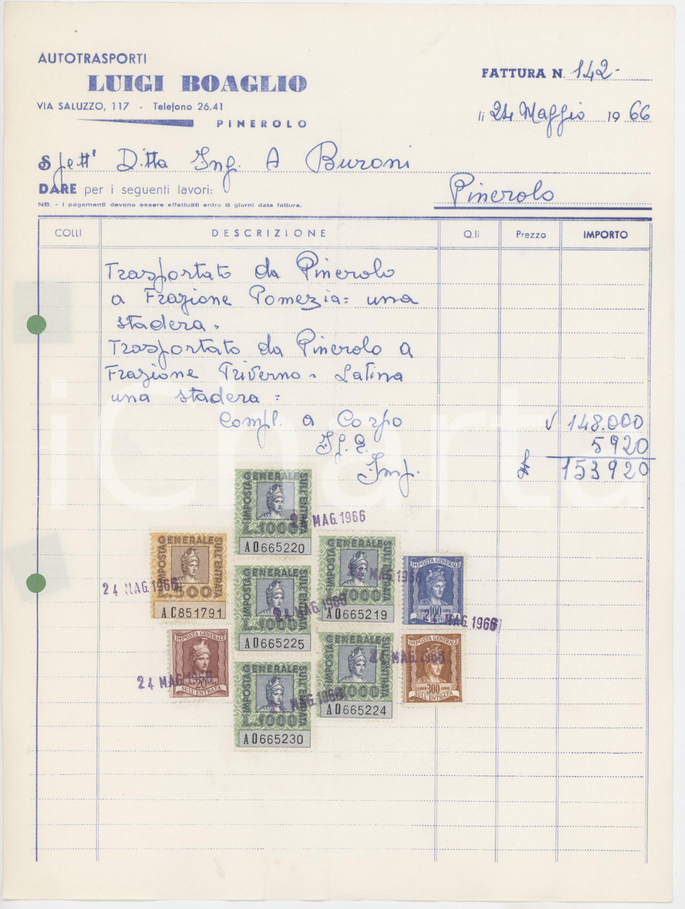 Documento originale, autentico 1966 PINEROLO TO  Luigi BOAGLIO Autotrasporti  Fattura commerciale 1 1