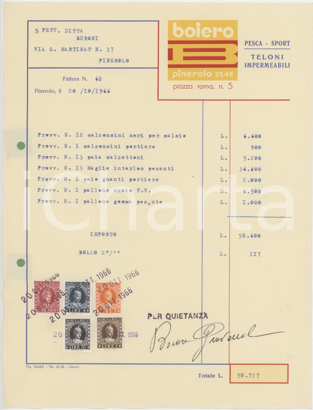 1966 PINEROLO Piazza Roma 5 - BOIERO Fattura per attrezzatura CALCIO 1 Fattura commerciale d'epoca, su carta intestata, dattiloscritta. Con marche da bollo. FAIR/discreto Piegature d'epoca, fori da classificatore Formato: 20x26 cm originale e autentica 1