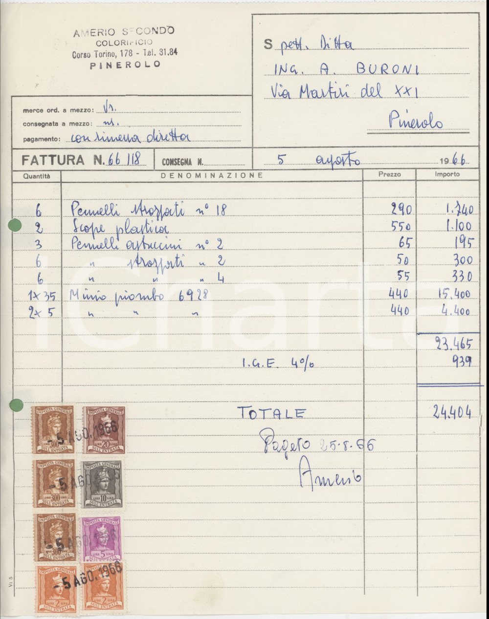 1966 PINEROLO Corso Torino 178 - Colorificio Secondo AMERIO Fattura 22x27 cm Fattura commerciale d'epoca, su carta intestata, dattiloscritta. Con marche da bollo. FAIR/discreto Piegature d'epoca, fori da classificatore, strappo e piccola mancanza al margine destro Formato: 22x27 cm originale e autentica 1
