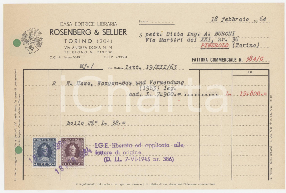 Documento originale, autentico 1964 TORINO Via Andrea Doria 14  ROSENBERG & SELLIER Casa Editrice  Fattura 1