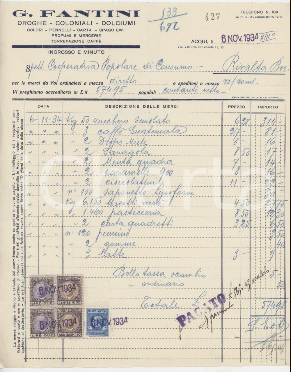 1934 ACQUI TERME Droghe e coloniali G. FANTINI Fattura per caramelle 22x27 cm Fattura commerciale d'epoca, su carta intestata, manoscritta. Con marche da bollo.  FAIR/discreto Piegature d'epoca FORMATO: 22x27 cm originale e autentica 1