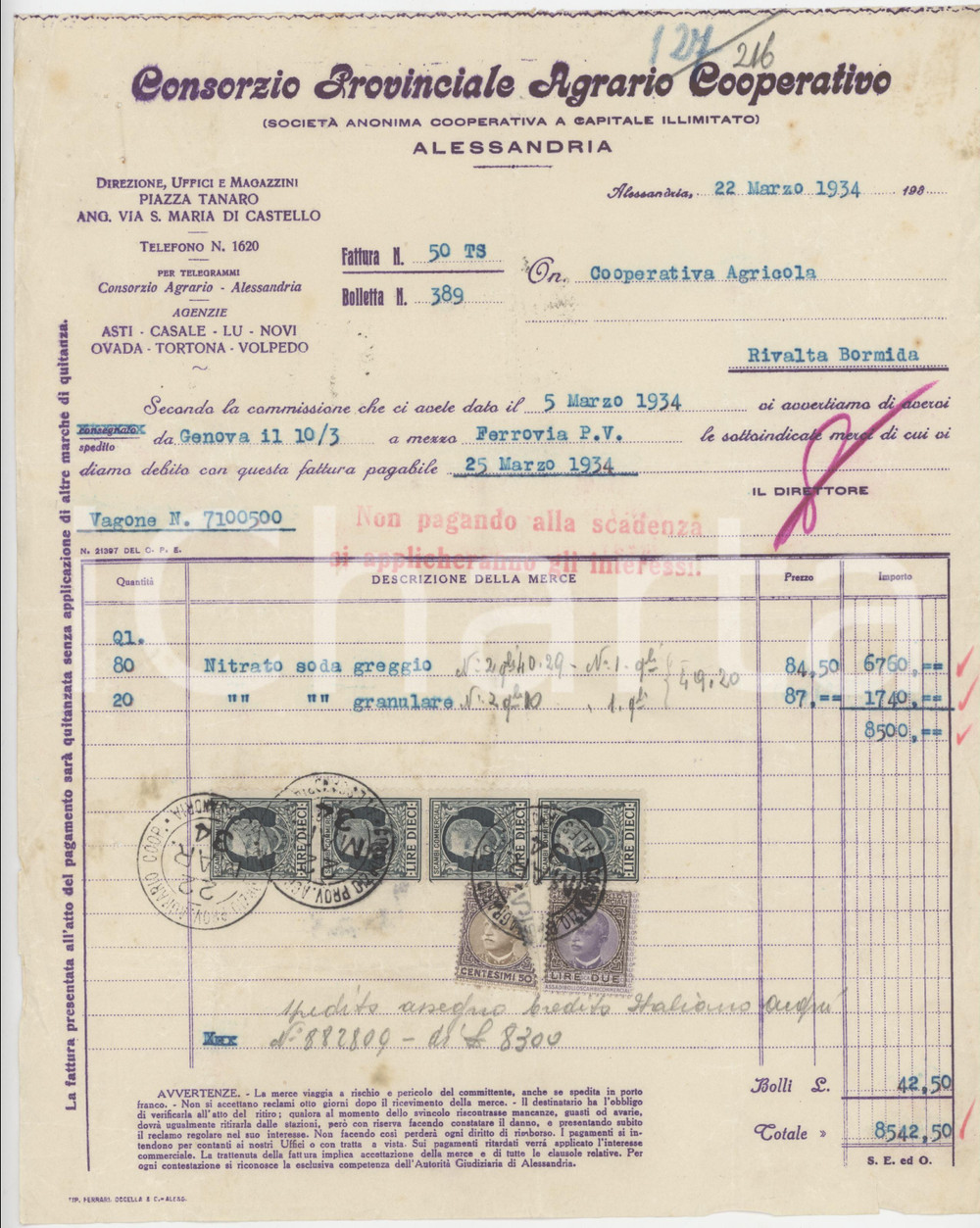 1934 ALESSANDRIA Consorzio Provinciale Agrario Cooperativo - Fattura 21x26 cm