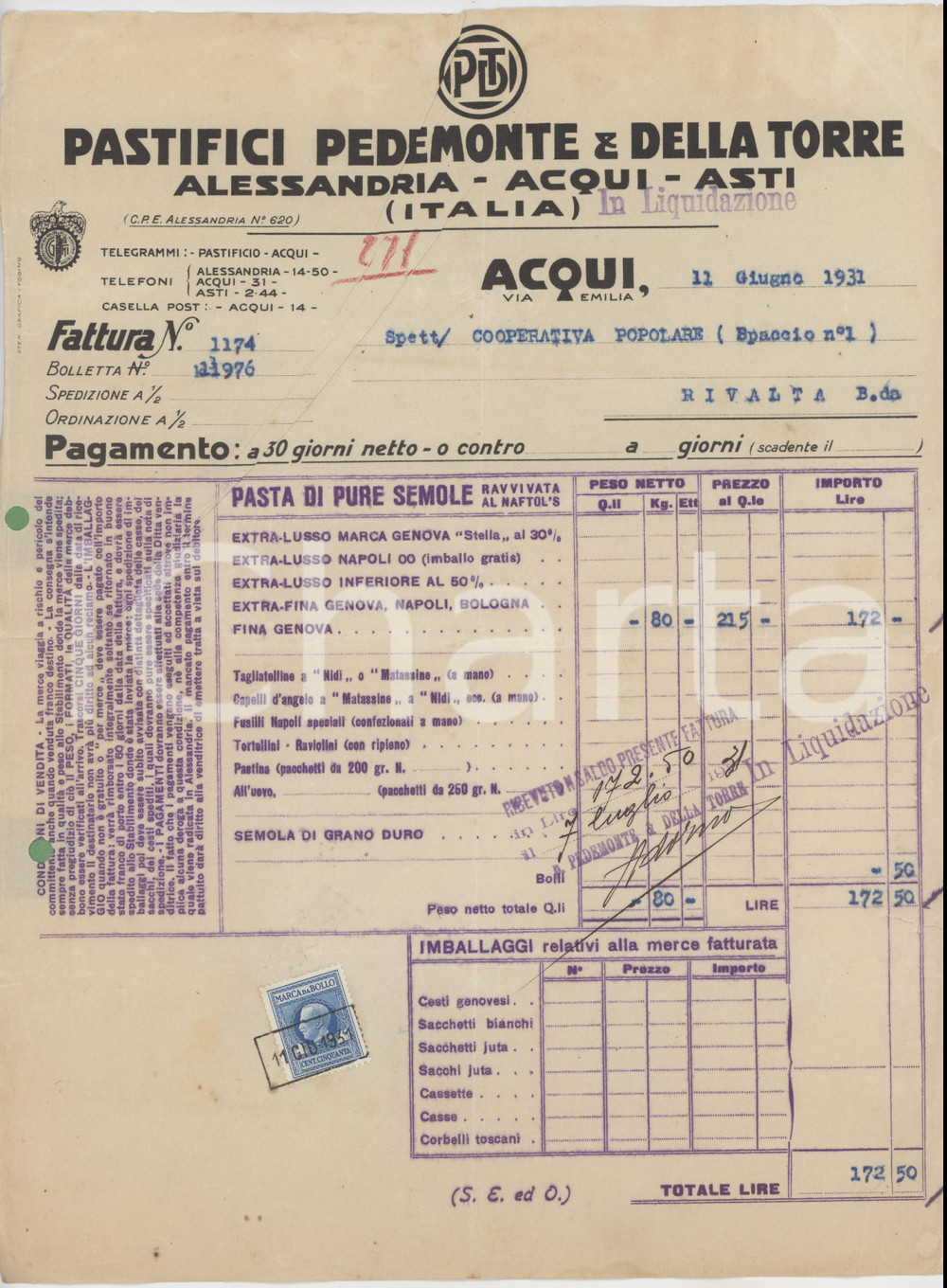 1931 ACQUI TERME Pastifici PEDEMONTE & DELLA TORRE Fattura 21x29 cm Fattura commerciale d'epoca, su carta intestata, dattiloscritta. Con marche da bollo. POOR/danneggiato Piegature d'epoca, piegature diffuse, fori da classificatore, strappo al margine destro Formato: 21x29 cm originale e autentica 1