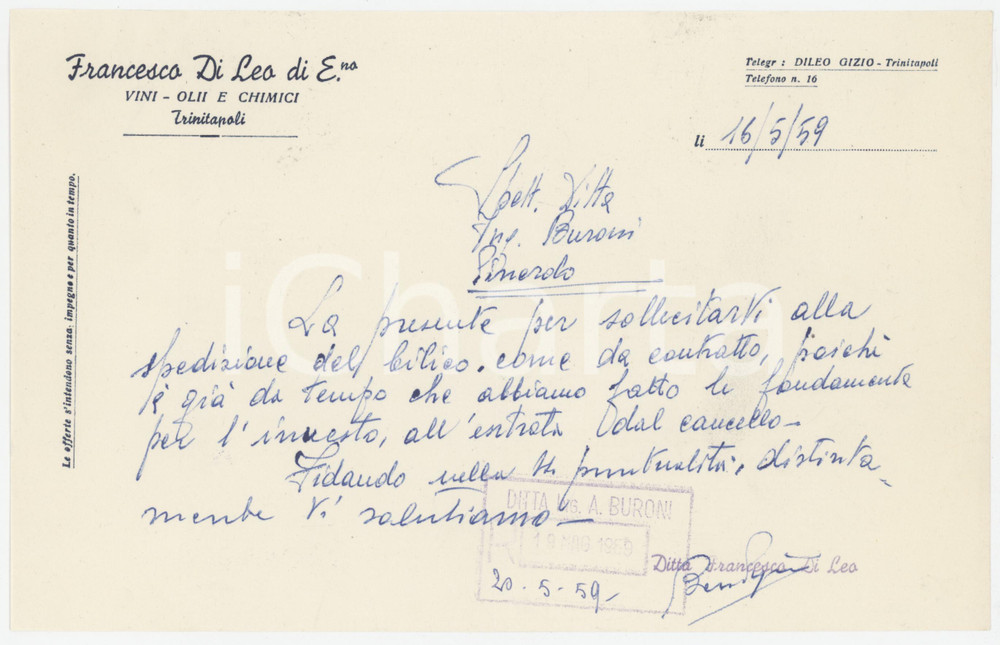1959 TRINITAPOLI Vini Francesco DI LEO Lettera commerciale 23x14 cm Lettera commerciale d'epoca, su carta intestata, manoscritta. FAIR/discreto Piegature d'epoca Formato: 23x14 cm originale e autentica 1