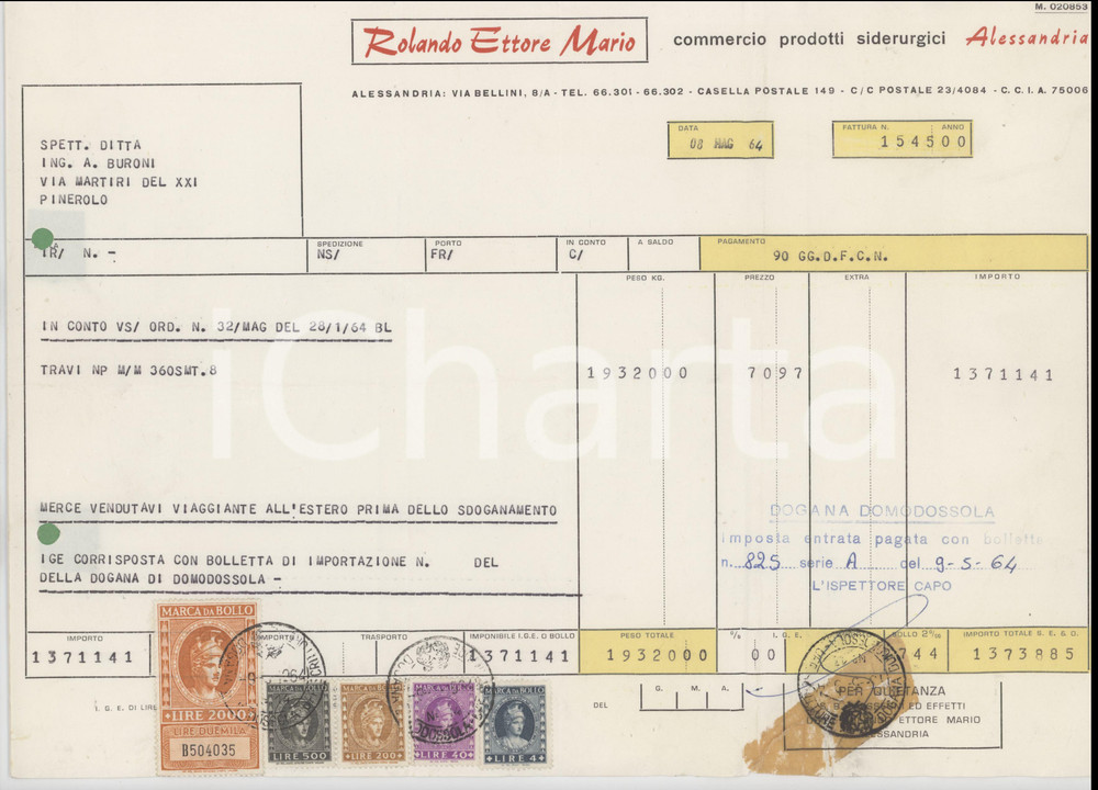 1964 ALESSANDRIA - Ditta ROLANDO ETTORE MARIO Prodotti siderurgici - Bolla (5)