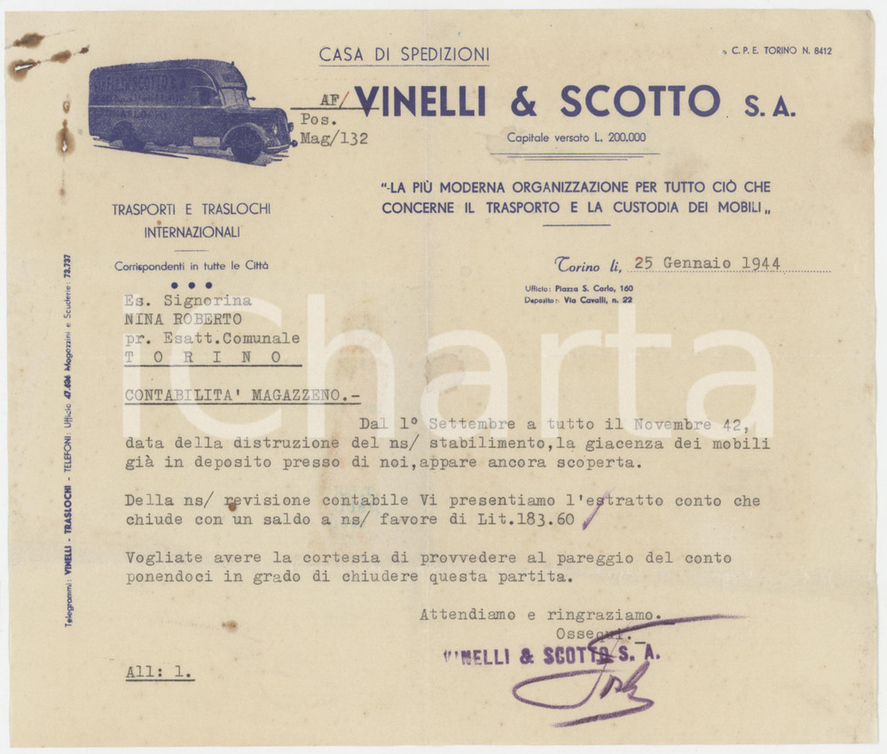 1944 TORINO Casa di spedizioni VINELLI & SCOTTO Lettera commerciale 22x19 cm