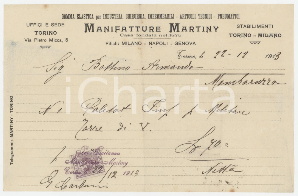 1913 TORINO Manifatture MARTINY Gomma elastica - Fattura 22x14 cm Fattura commerciale d'epoca, su carta intestata, manoscritta. FAIR/discreto Piegature d'epoca Formato: 22x14 cm originale e autentica 1