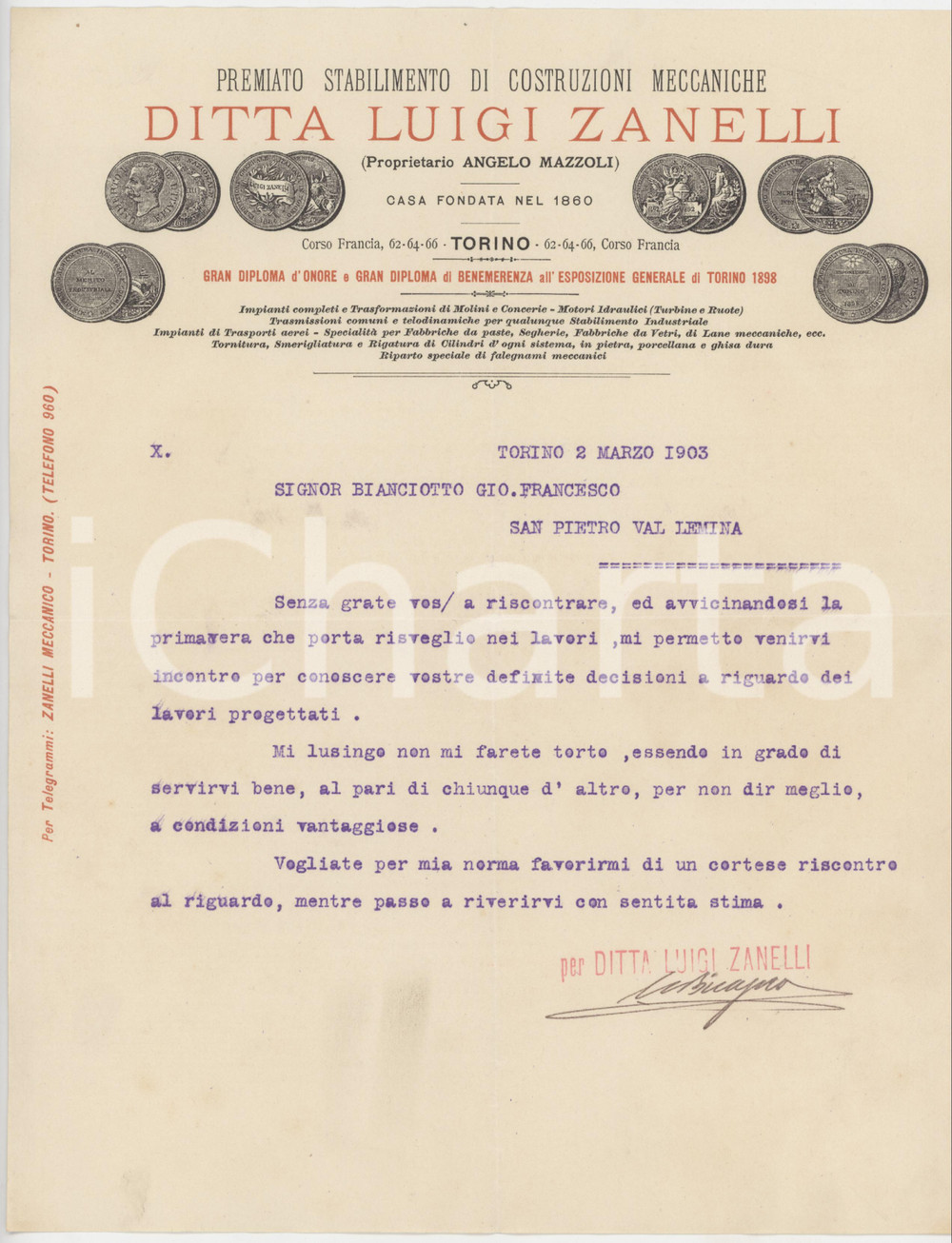 Documento originale, autentico 1903 TORINO Ditta Luigi ZANELLI Costruzioni meccaniche  Lettera commerciale 2 1
