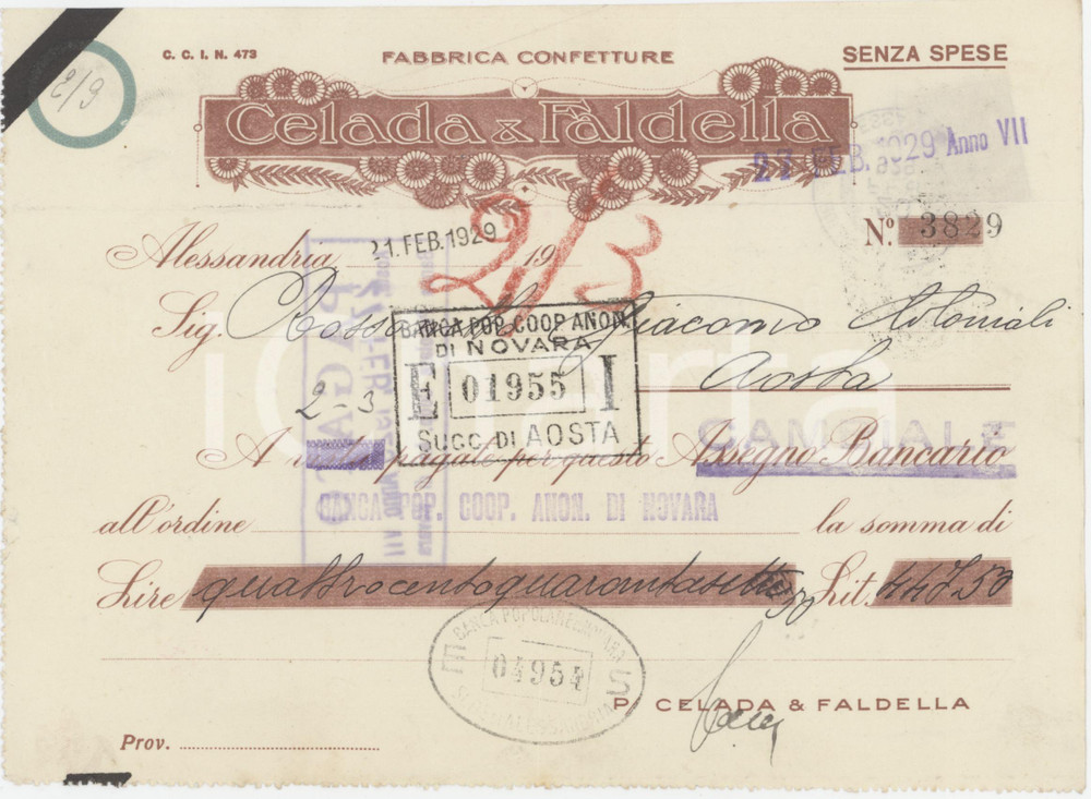 1929 ALESSANDRIA - CELADA & FALDELLA Confetture - Cambiale pubblicitaria (1)