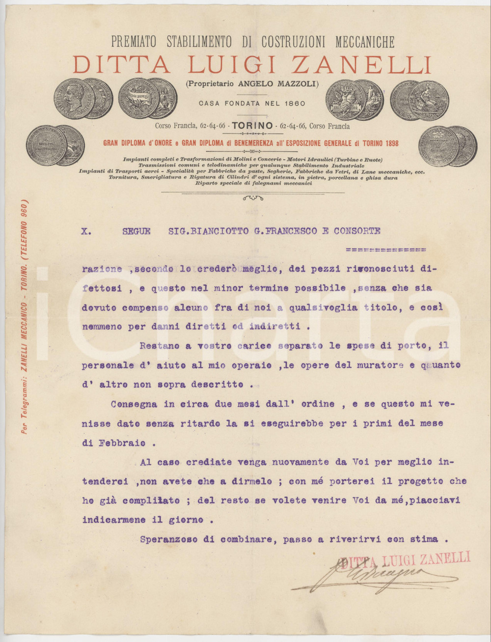 1905 ca TORINO Ditta Luigi ZANELLI Costruzioni meccaniche - Carta intestata