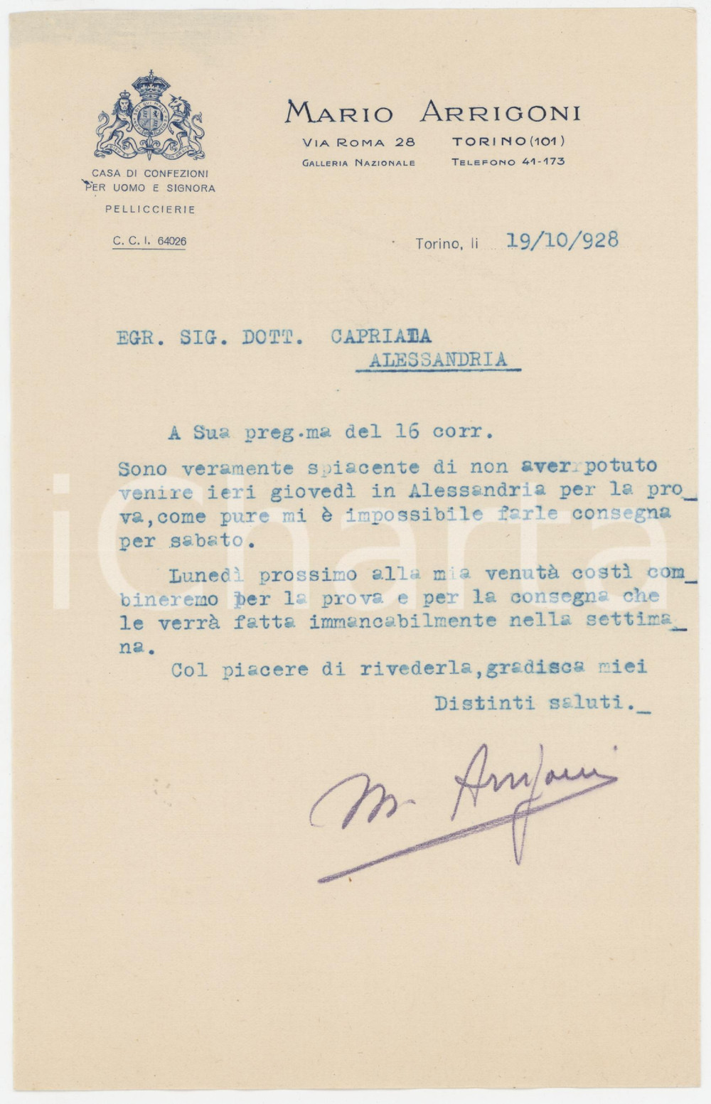 1928 TORINO Pellicceria Mario ARRIGONI Casa di confezioni - Lettera commerciale Lettera commerciale d'epoca, dattiloscritta, su carta intestata. FAIR/discreto Piegature d'epoca Formato: 14x22 cm originale e autentica 1