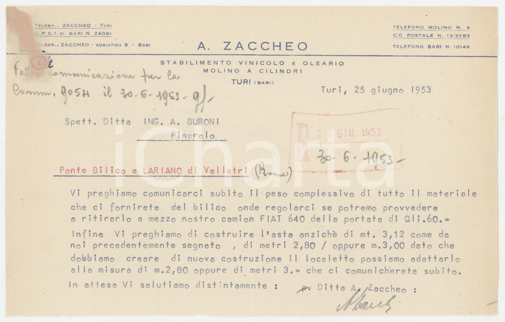 1953 TURI Stabilimento oleario A. ZACCHEO - Ponte bilico a LARIANO Lettera 23x14 Lettera commerciale d'epoca, dattiloscritta, su carta intestata. POOR/danneggiato Piegature d'epoca, residuo di incollatura e piegatura all'angolo superiore sinistro Formato: 23x14 cm originale e autentica 1