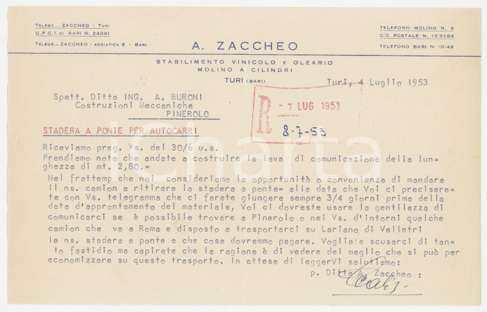 1953 TURI Stabilimento vinicolo e oleario A. ZACCHEO Lettera commerciale 23x14 Lettera commerciale d'epoca, dattiloscritta, su carta intestata. FAIR/discreto Piegature d'epoca Formato: 23x14 cm originale e autentica 1