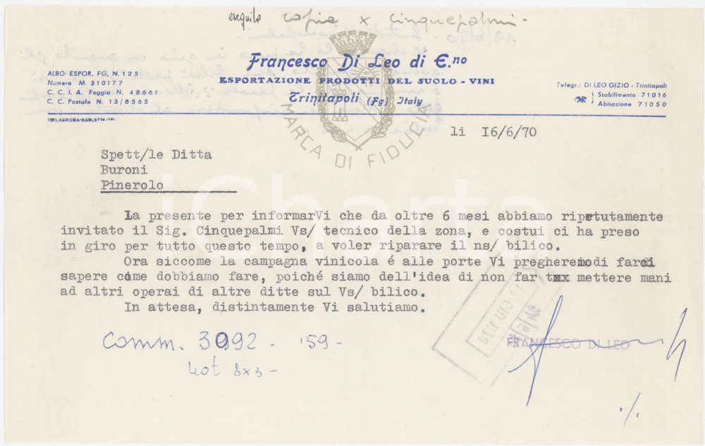 1970 TRINITAPOLI Francesco DI LEO Eportazione vini - Lettera commerciale 22x14 Lettera commerciale d'epoca, dattiloscritta, su carta intestata. FAIR/discreto Piegature d'epoca, lievi gualciture Formato: 22x14 cm originale e autentica 1