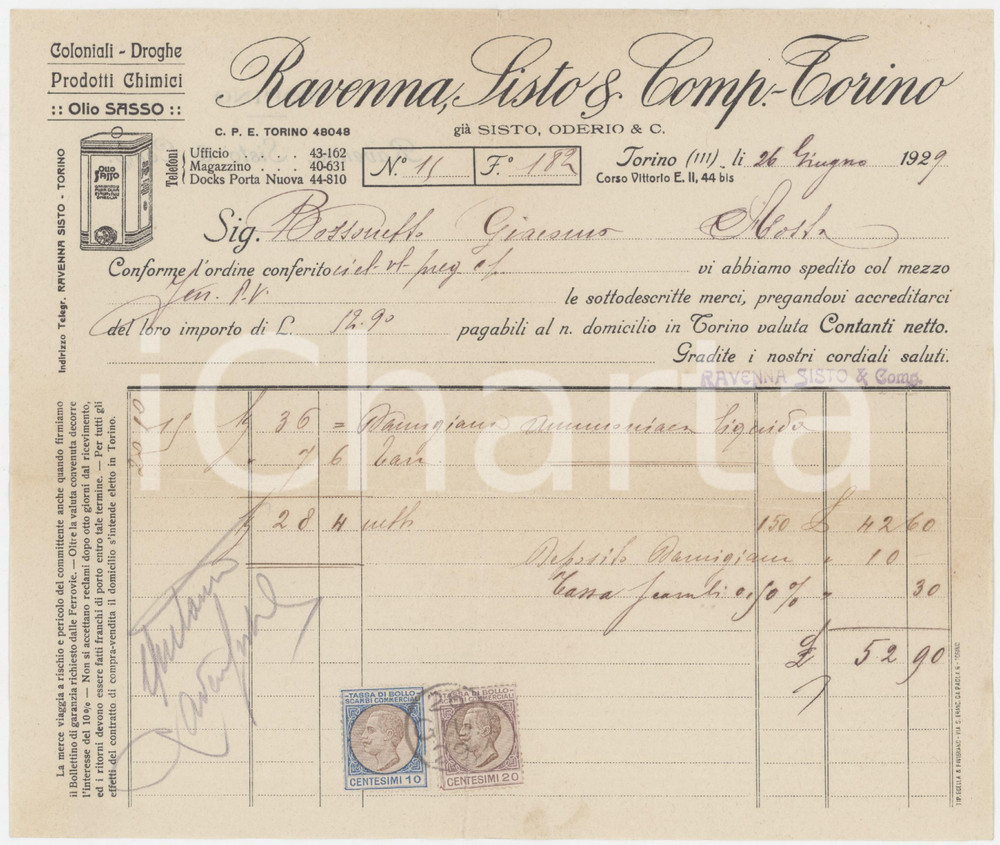 1929 TORINO C.so Vittorio Emanuele II - RAVENNA SISTO & Comp. Olio SASSO Fattura Fattura commerciale d'epoca manoscritta, su carta intestata.Presenti marche da bollo.PAGINE: 1 FAIR/discreto piegature d'epoca; lievi gualciture Formato: 22x19 cm originale e autentica 1