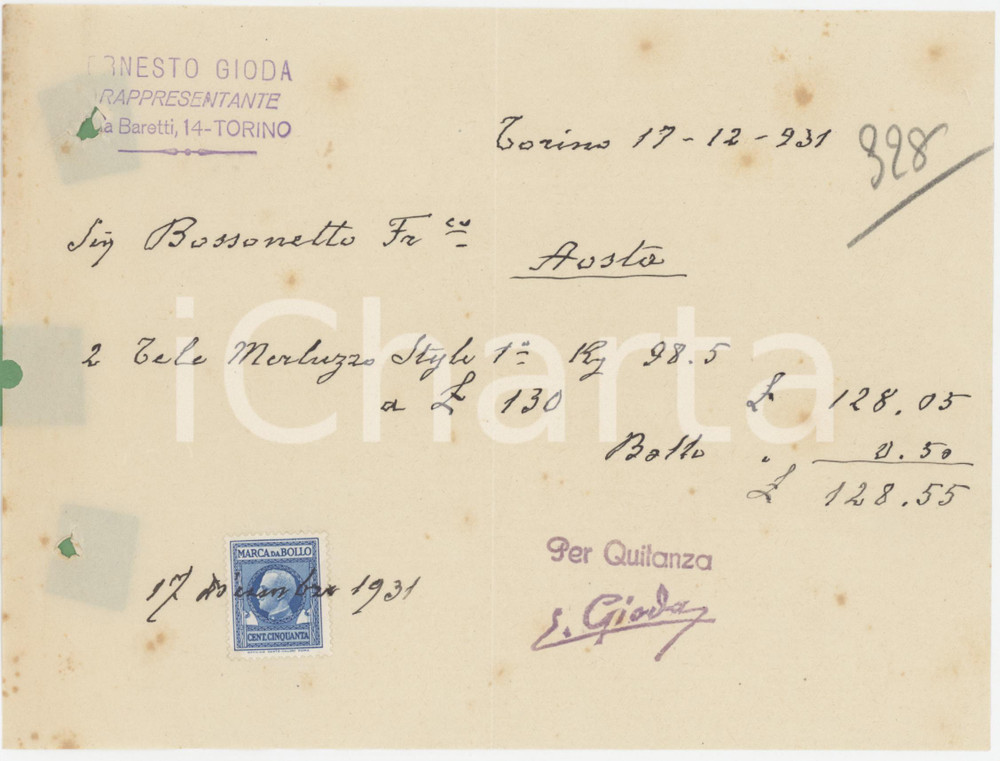 1931 TORINO Via Baretti 14 - Ernesto GIODA Rappresentante - Fattura commerciale Fattura commerciale d'epoca manoscritta, su carta intestata.Presente marca da bollo.PAGINE: 1 POOR/danneggiato piegature d'epoca; fori da classificatore; fioriture Formato: 19x14 cm originale e autentica 1