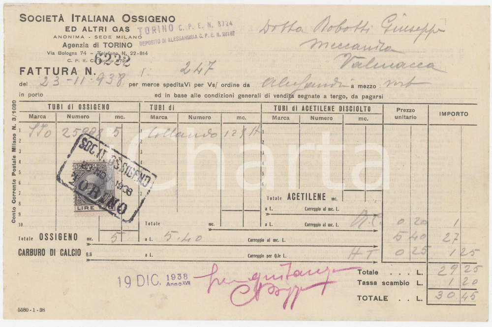 1938 TORINO Via Bologna 74 Società Italiana Ossigeno ed altri Gas - Fattura (2)
