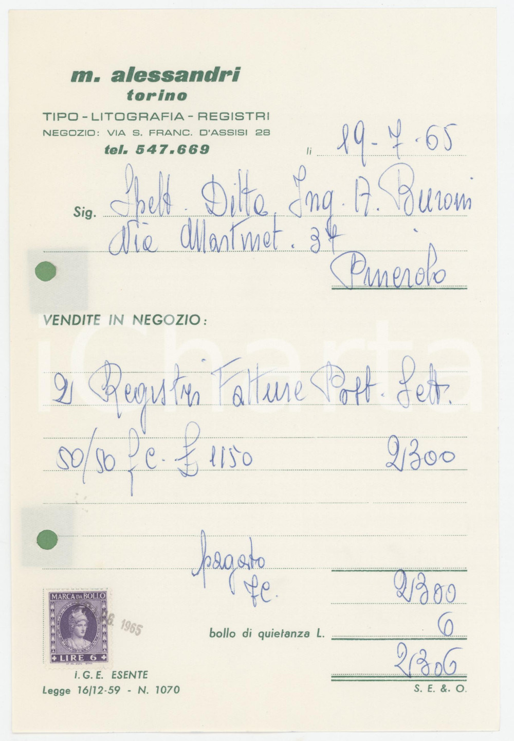 1965 TORINO Tipografia M. ALESSANDRI Fattura per registri - 14x21 cm Fattura d'epoca, su carta intestata. FAIR/discreto Piegature d'epoca, fori da classificatore al margine sinistro Formato: 14x21 cm originale e autentica 1