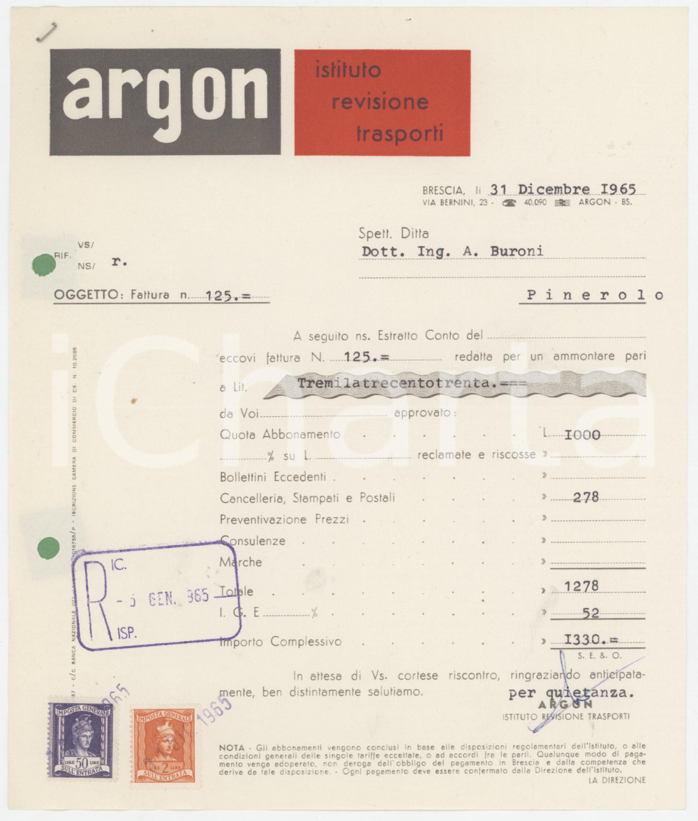 1965 BRESCIA - ARGON Istituto Revisione Trasporti - Fattura 19x22 cm Fattura d'epoca, su carta intestata. Con marche da bollo. FAIR/discreto Piegature d'epoca, fori da classificatore al margine sinistro Formato: 19x22 cm originale e autentica 1