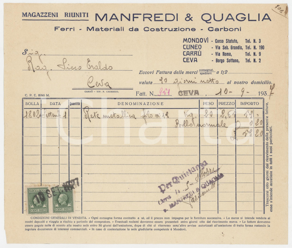 1937 CEVA (CN) - MANFREDI & QUAGLIA Materiali da costruzione - Fattura (3)