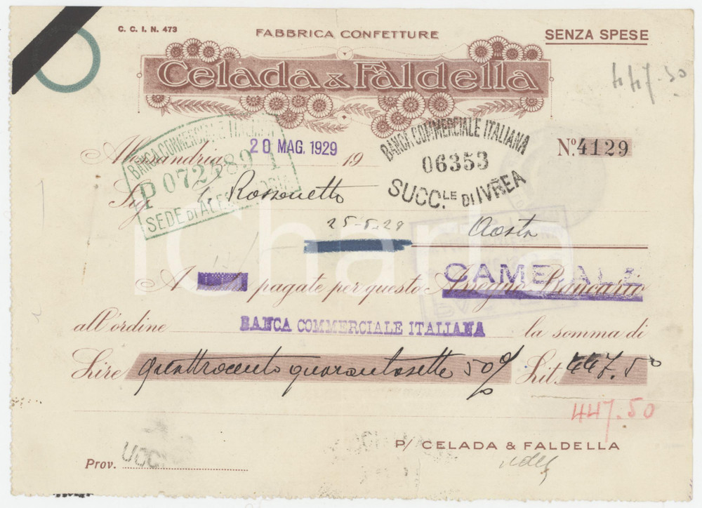 Oggetto da collezione cartaceo 1929 ALESSANDRIA  CELADA & FALDELLA Fabbrica confetture Cambiale pubblicitaria 1