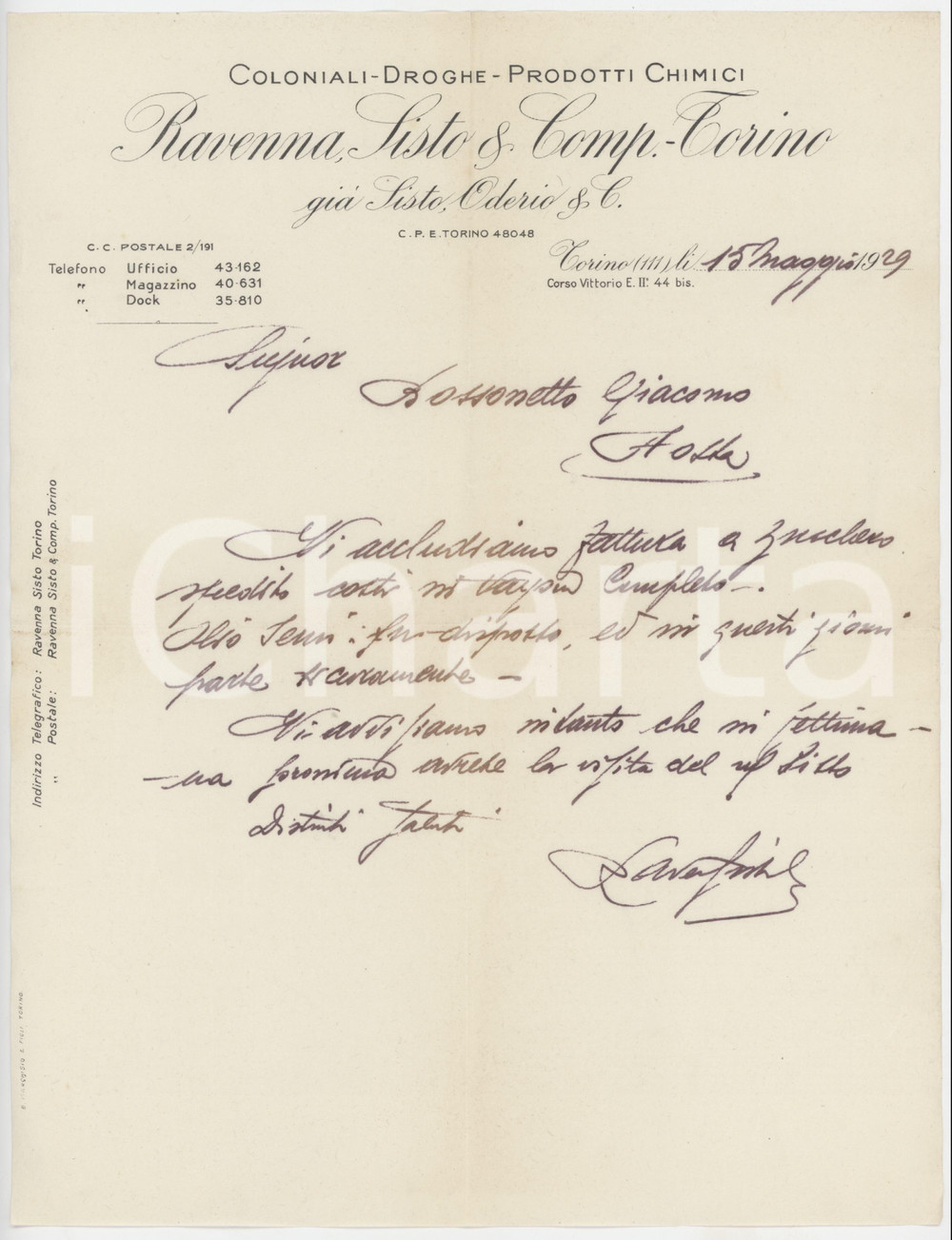 1929 TORINO C.so Vittorio Emanuele II - RAVENNA SISTO & Comp. - Lettera