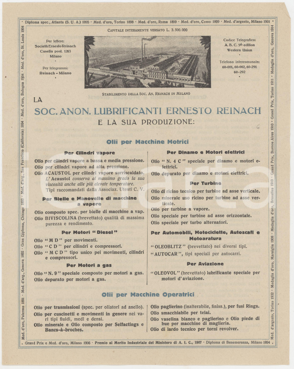 1915 ca MILANO Società Lubrificanti Ernesto REINACH - Volantino produzione