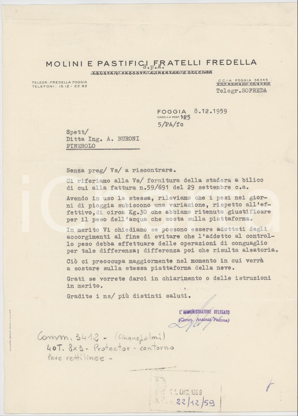 Documento originale, autentico 1959 FOGGIA  Molini e Pastifici Fratelli FREDELLA  Lettera commerciale 1