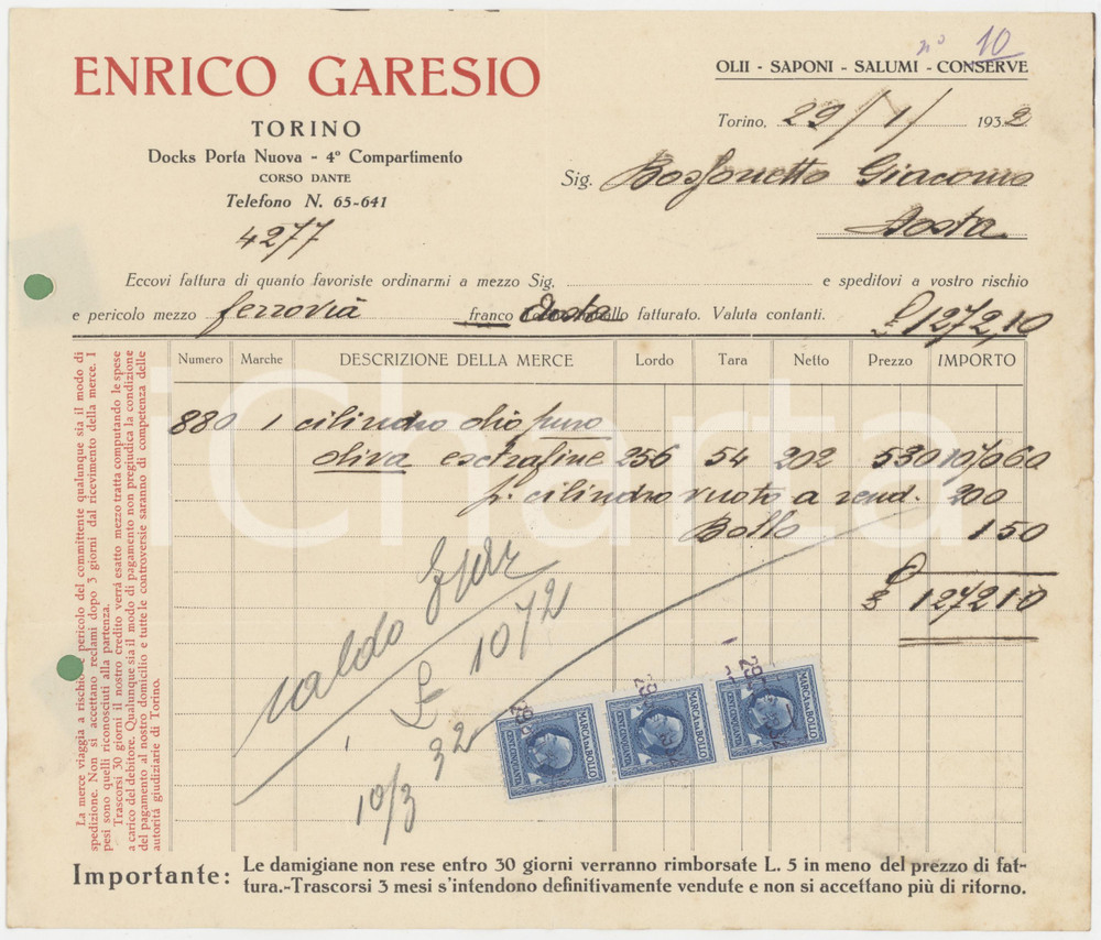 1932 TORINO Corso Dante - Enrico GARESIO Olii Saponi Salumi Conserve - Fattura