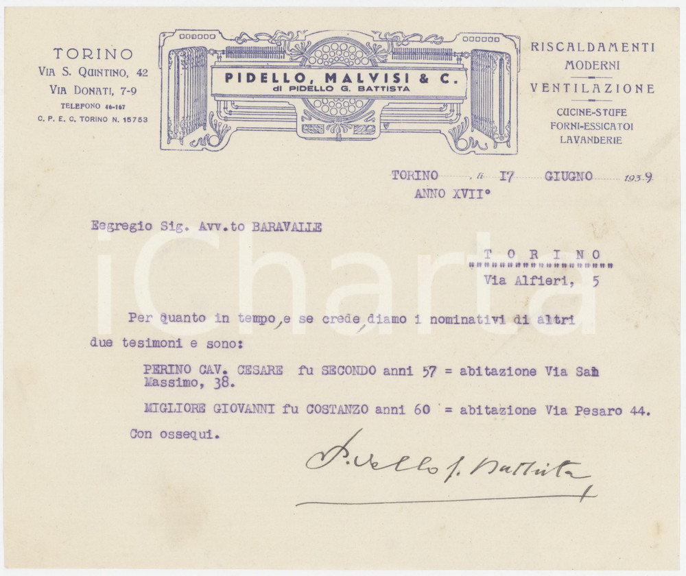 1939 TORINO - PIDELLO, MALVISI & C. Riscaldamenti - Ventilazione *Lettera