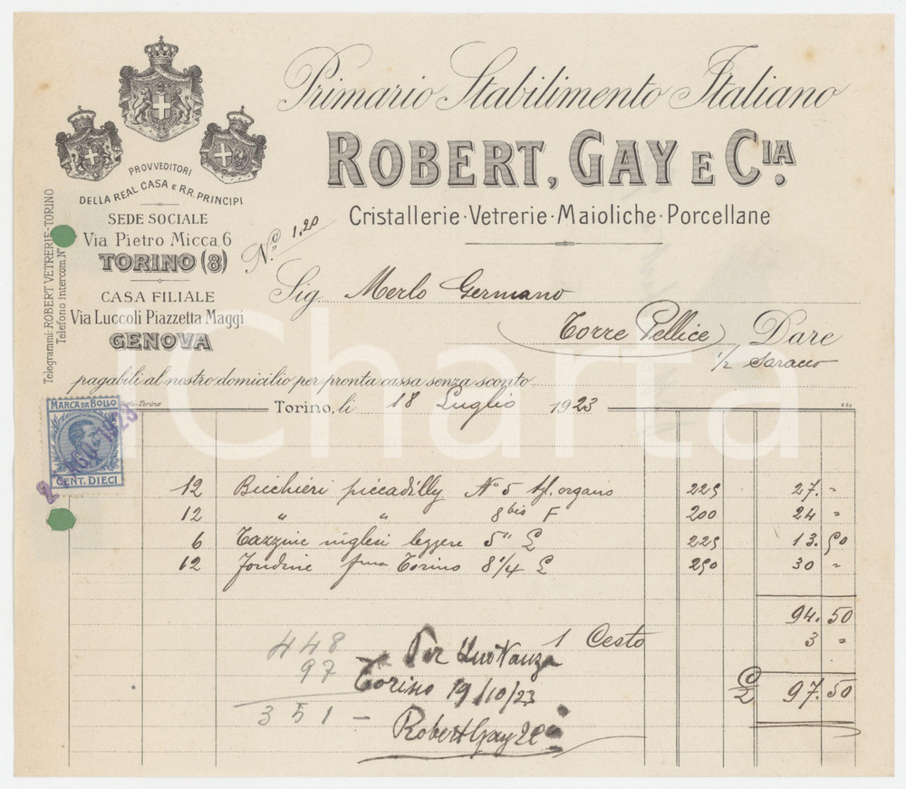 1923 TORINO Via Pietro Micca - ROBERT, GAY e C.ia Cristallerie Vetrerie *Fattura