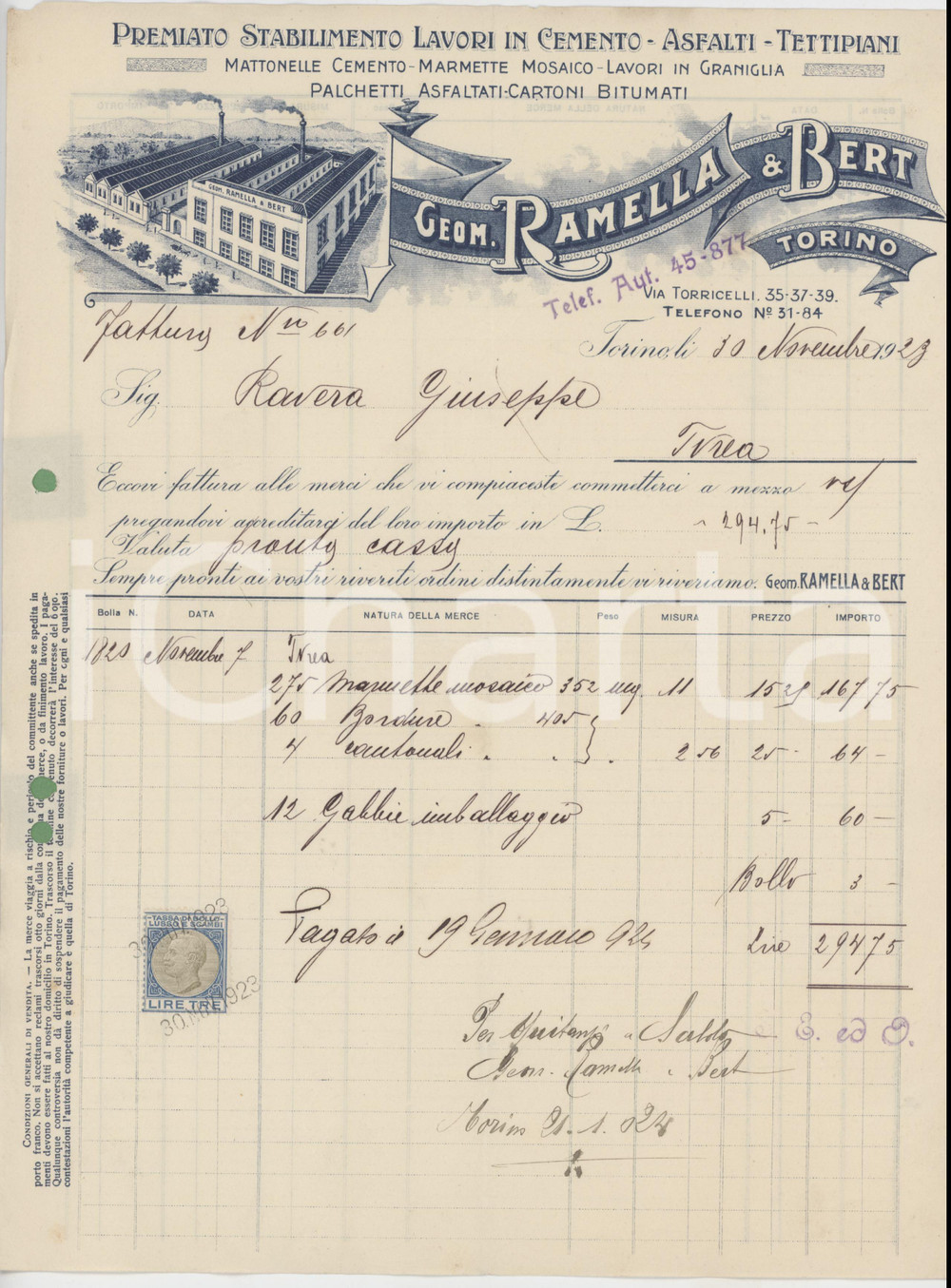 Documento originale, autentico 1923 TORINO  RAMELLA & BERT  Lavori in cemento  Asfalti Fattura 1
