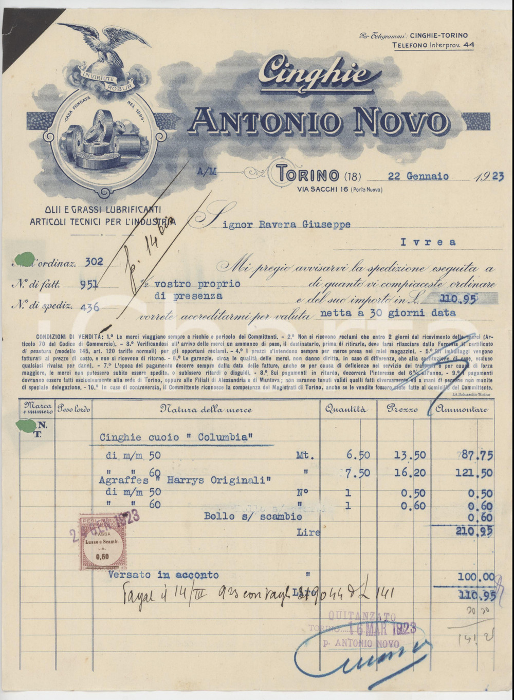 Documento originale, autentico 1923 TORINO PORTA NUOVA via Sacchi 16  Antonio NOVO Cinghie Fattura 1