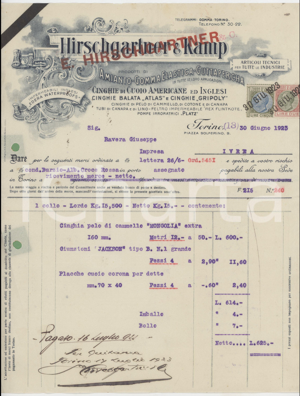 Documento originale, autentico 1923 TORINO Piazza Solferino 9  HIRSCHGARTNER & KAMP Cinghie Fattura 1